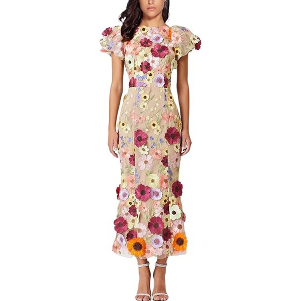 Beige Floral Appliqué Maxi Dress with Multi-Colored Blooms